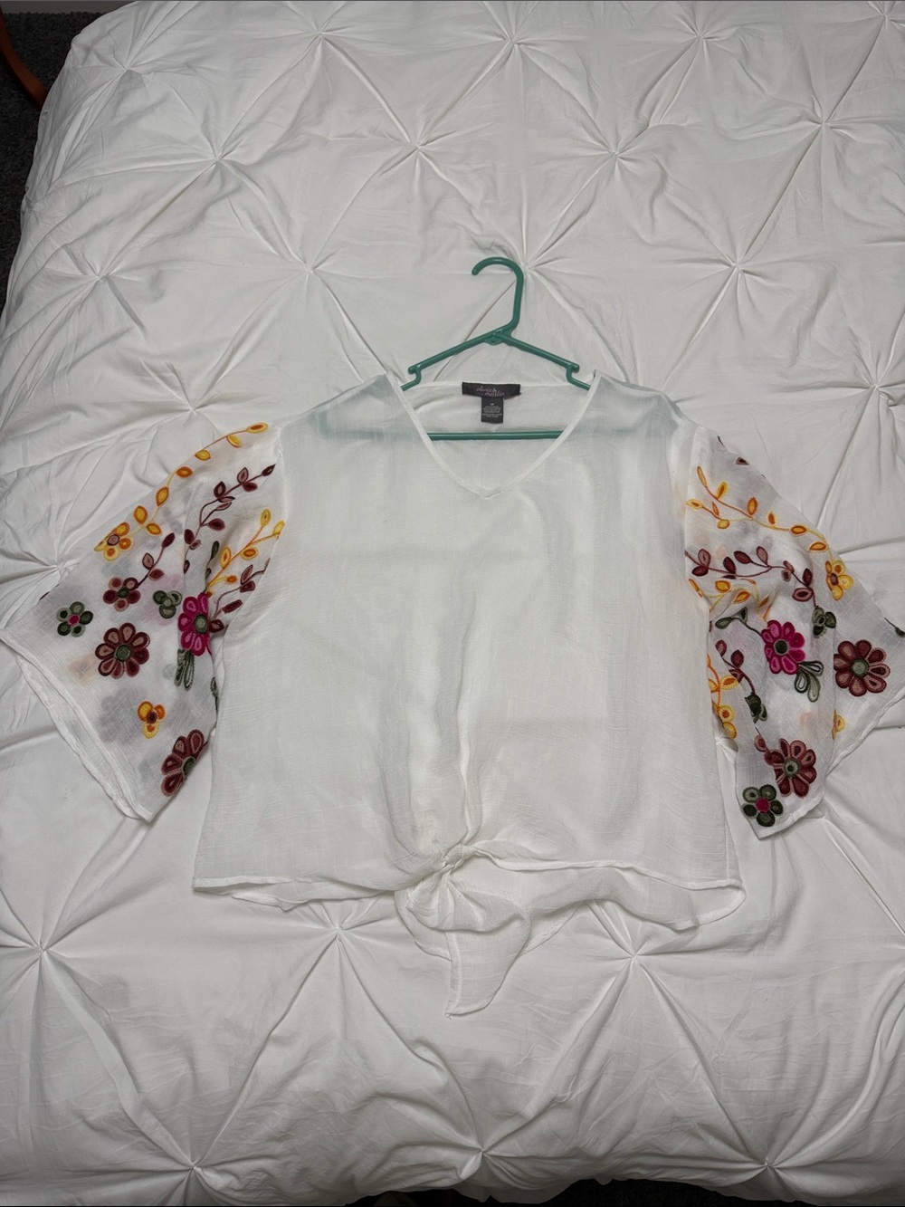 White Tie-Front Women’s Blouse with Multicolor Floral Embroidered Sleeves